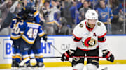 Jan 3, 2025; St. Louis, Missouri, USA;  Ottawa Senators right wing Claude Giroux (28) looks on after St. Louis Blues left wing Brandon Saad (20) scored his third goal of the game for a hat trick during the third period at Enterprise Center. Mandatory Credit: Jeff Curry-Imagn Images