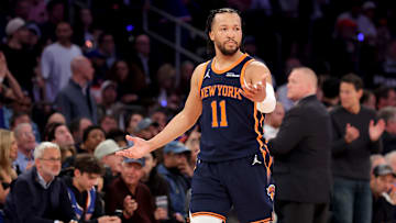 Apr 21, 2025; New York, New York, USA; New York Knicks guard Jalen Brunson (11) reacts during the second quarter of game two of the first round of the 2024 NBA Playoffs against the Detroit Pistons at Madison Square Garden. Mandatory Credit: Brad Penner-Imagn Images