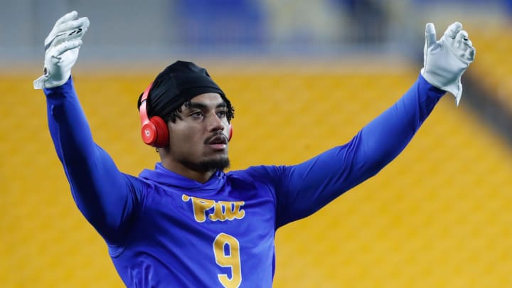 Nov 16, 2023; Pittsburgh, Pennsylvania, USA;  Pittsburgh Panthers defensive back A.J. Woods (9) warms up before the game against the Boston College Eagles at Acrisure Stadium. Mandatory Credit: Charles LeClaire-USA TODAY Sports