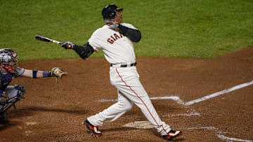 8/7/07 8:55:14 PM -- San Francisco, CA, U.S.A -- Barry Bonds home run chase -- San Francisco Giants Barry Bonds hits home run number 756 off Washington Nationals pitcher Mike Bacsik breaking Hank Aaron's all-time Major League Baseball career home run record of 755 on 8/7/07 at AT&T Park in San Francisco, CA becoming the career all-time home run record holder. Photo by Jack Gruber, USA TODAY Staff