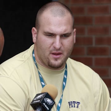 Jul 21, 2008; Bethlehem, PA, USA;  Philadelphia Eagles rookie guard Mike McGlynn is interviewed during training camp at Lehigh University in Bethlehem, PA. Mandatory Credit: Howard Smith-Imagn Images