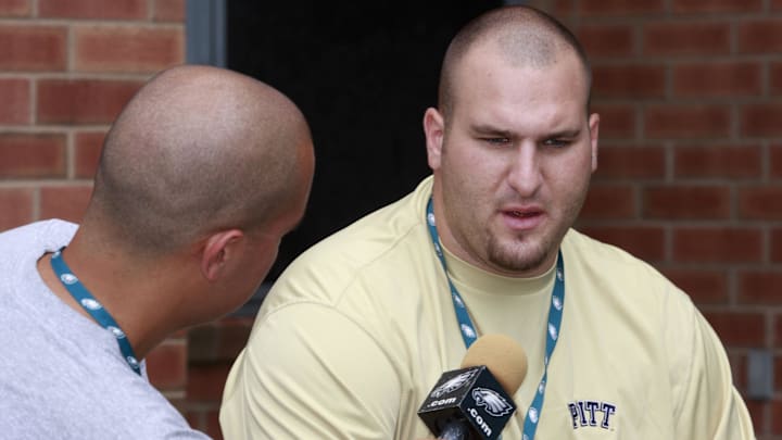 Jul 21, 2008; Bethlehem, PA, USA;  Philadelphia Eagles rookie guard Mike McGlynn is interviewed during training camp at Lehigh University in Bethlehem, PA. Mandatory Credit: Howard Smith-Imagn Images