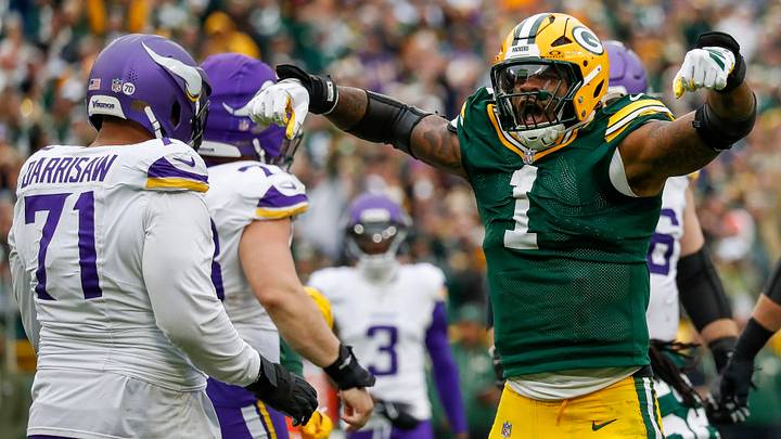Green Bay Packers defensive end Micah Parsons (1) celebrates after sacking Minnesota Vikings quarterback J.J. McCarthy (9) on Sunday, November 23, 2025, at Lambeau Field in Green Bay, Wis. The Packers won the game, 23-6.
Tork Mason/USA TODAY NETWORK-Wisconsin