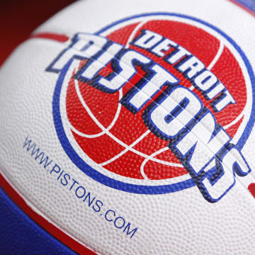 Apr 12, 2015; Auburn Hills, MI, USA; A general shot of a basketball with a Detroit Pistons logo on