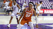 Mar 7, 2021; Fort Worth, Texas, USA;  Texas Longhorns forward Kai Jones (22) reacts after dunking during the second half against the TCU Horned Frogs at Ed and Rae Schollmaier Arena. Mandatory Credit: Kevin Jairaj-Imagn Images