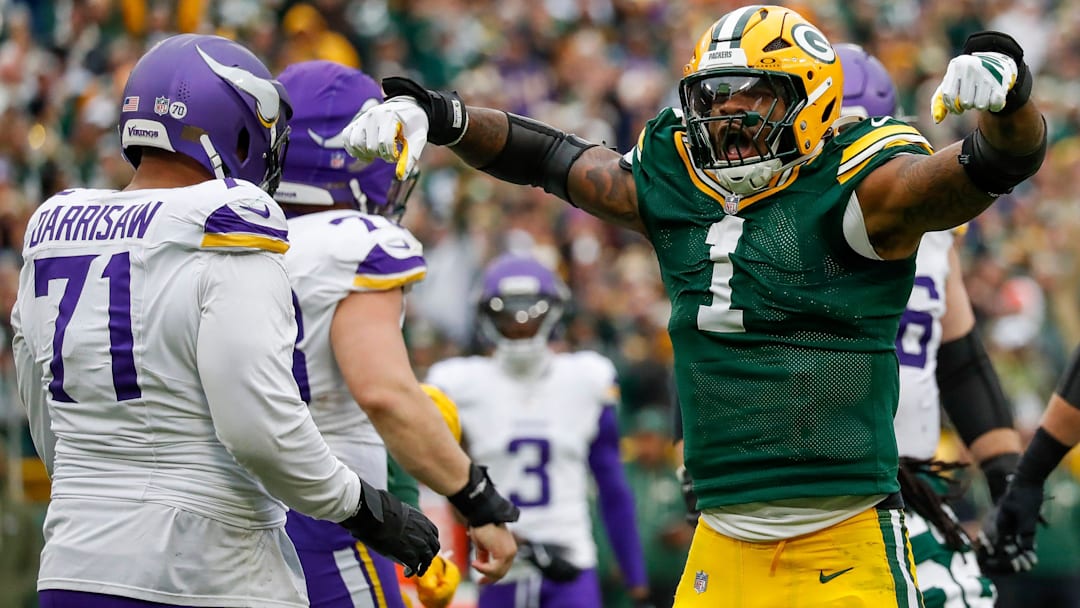 Green Bay Packers defensive end Micah Parsons (1) celebrates after sacking Minnesota Vikings quarterback J.J. McCarthy (9) on Sunday, November 23, 2025, at Lambeau Field in Green Bay, Wis. The Packers won the game, 23-6.
