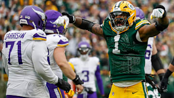Green Bay Packers defensive end Micah Parsons (1) celebrates after sacking Minnesota Vikings quarterback J.J. McCarthy (9) on Sunday, November 23, 2025, at Lambeau Field in Green Bay, Wis. The Packers won the game, 23-6.