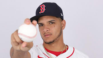 Feb 20, 2024; Lee County, FL, USA; Boston Red Sox pitcher Luis Perales (93) poses for a photo during media day at JetBlue Park. Mandatory Credit: Nathan Ray Seebeck-Imagn Images