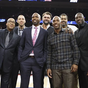 Jan 16, 2016; Auburn Hills, MI, USA; (Left to Right) Larry Brown and William Wesley and Tayshaun Prince and Richard Hamilton and Mehmet Okur and Chauncy Billups and Rasheed Wallace and Ben Wallace and Lindsey Hunter pose for a photo after the game against the Golden State Warriors at The Palace of Auburn Hills. The Pistons won 113-95. Mandatory Credit: Raj Mehta-Imagn Images