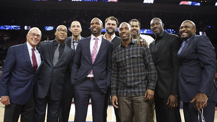 Jan 16, 2016; Auburn Hills, MI, USA; (Left to Right) Larry Brown and William Wesley and Tayshaun Prince and Richard Hamilton and Mehmet Okur and Chauncy Billups and Rasheed Wallace and Ben Wallace and Lindsey Hunter pose for a photo after the game against the Golden State Warriors at The Palace of Auburn Hills. The Pistons won 113-95. Mandatory Credit: Raj Mehta-Imagn Images