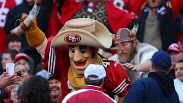 Dec. 9, 2007; San Francisco, CA, USA; San Francisco 49ers mascot (left) steals a horn from a Minnesota Vikings fan (right) during the 4th quarter at Monster Park in San Francisco, CA. The Vikings defeated the 49ers 27-7. 