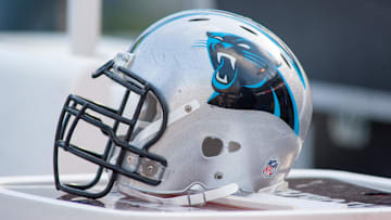 Nov 22, 2015; Charlotte, NC, USA; A Carolina Panthers helmet lays on the sidelines during the second half against the Washington Redskins at Bank of America Stadium. Panthers defeated the Redskins 44-16. Mandatory Credit: Jeremy Brevard-Imagn Images