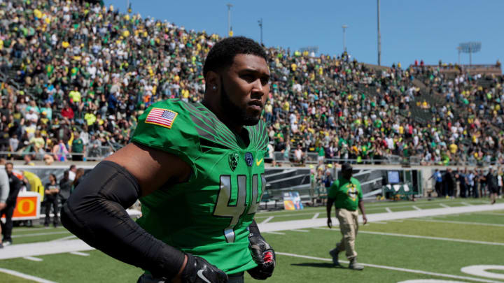 May 2, 2015; Eugene, OR, USA; Oregon Ducks defensive lineman DeForest Buckner (44) walks onto the field at Autzen Stadium.