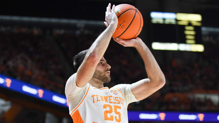 Tennessee guard Santiago Vescovi (25) takes a shot during an NCAA college basketball game between Tennessee and Kentucky in Knoxville, Tenn., Saturday, March 9, 2024.