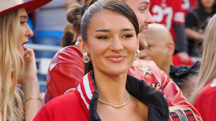 Kristin Juszczyk wears a custom made jacket in show of her support for her husband San Francisco 49ers fullback Kyle Juszczyk (not pictured) before the NFC Championship football game against the Detroit Lions at Levi's Stadium.