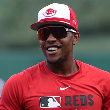 Aug 7, 2025; Pittsburgh, Pennsylvania, USA;  Cincinnati Reds third baseman Ke'Bryan Hayes (3) warms up before the game against the Pittsburgh Pirates at PNC Park. Mandatory Credit: Charles LeClaire-Imagn Images
