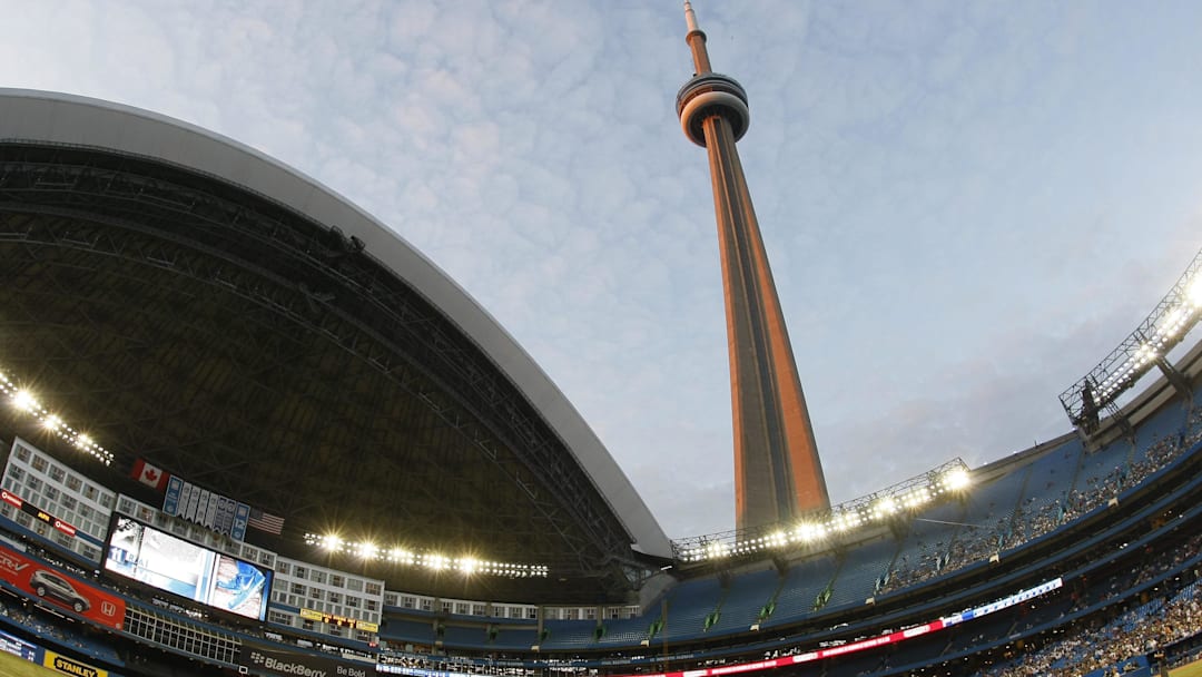 May 30, 2012; Toronto, ON, CANADA; A wide angle view of the Rogers Centre and CN Tower during a game between the Baltimore Orioles and Toronto Blue Jays. May 30, 2012; Toronto, ON, CANADA; A wide angle view of the Rogers Centre and CN Tower during a game between the Baltimore Orioles and Toronto Blue Jays.