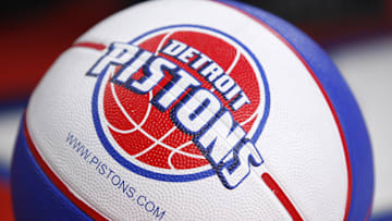 Apr 12, 2015; Auburn Hills, MI, USA; A general shot of a basketball with a Detroit Pistons logo on it during the third quarter against the Charlotte Hornets at The Palace of Auburn Hills. Pistons beat the Hornets 116-77. Mandatory Credit: Raj Mehta-Imagn Images