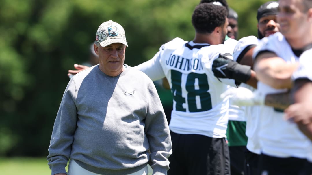 May 30, 2024; Philadelphia, PA, USA; Philadelphia Eagles defensive coordinator Vic Fangio during practice at NovaCare Complex. Mandatory Credit: Bill Streicher-USA TODAY Sports