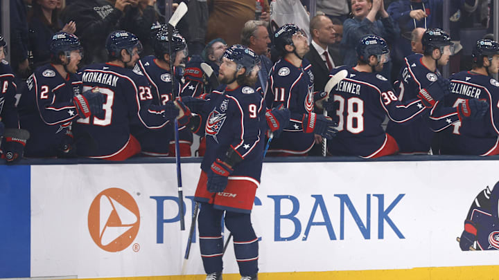 Apr 4, 2026; Columbus, Ohio, USA; Columbus Blue Jackets defenseman Ivan Provorov (9) celebrates his goal against the Winnipeg Jets during the first period at Nationwide Arena. Mandatory Credit: Russell LaBounty-Imagn Images