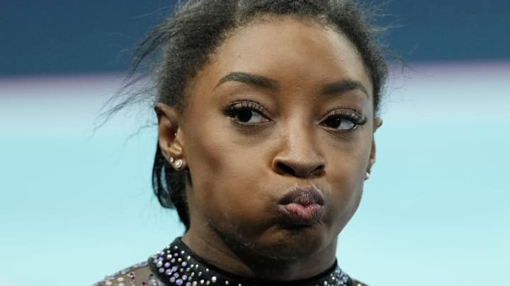 Simone Biles reacts after women's qualification during the Paris 2024 Olympic Summer Games at Bercy Arena. 