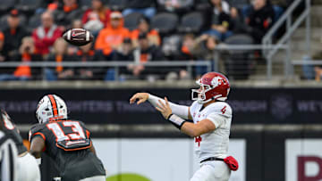 Nov 1, 2025; Corvallis, Oregon, USA; Washington State Cougars quarterback Zevi Eckhaus (4) throws a pass during the second quarter against the Oregon State Beavers at Reser Stadium. Mandatory Credit: Craig Strobeck-Imagn Images