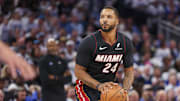 Oct 22, 2025; Orlando, Florida, USA; Miami Heat guard Norman Powell (24) shoots the ball against the Orlando Magic in the first quarter at Kia Center. Mandatory Credit: Nathan Ray Seebeck-Imagn Images