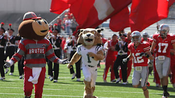 Ohio University Rufus mascot hits the ground after blindsiding Brutus Buckeye and a cheerleader as they made their way on to the field prior to the Ohio University NCAA football game at Ohio Stadium on September 18, 2010.