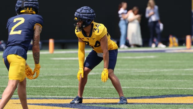 West Virginia University redshirt junior safety Avery Wilcox lines up across sophomore receiver Rodney Gallagher during the Gold-Blue Spring Game. 
