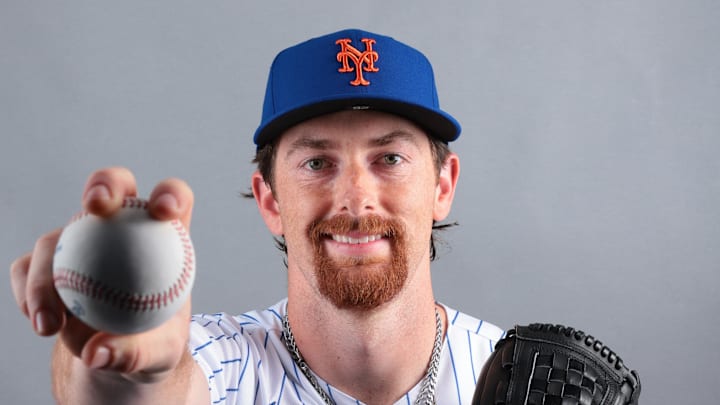 Feb 19, 2026; Port St. Lucie, FL, USA; New York Mets pitcher Nolan McLean (26) poses for a photo during media day at Clover Park. Mandatory Credit: Sam Navarro-Imagn Images