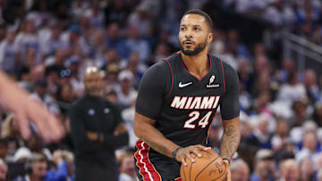 Oct 22, 2025; Orlando, Florida, USA; Miami Heat guard Norman Powell (24) shoots the ball against the Orlando Magic in the first quarter at Kia Center. Mandatory Credit: Nathan Ray Seebeck-Imagn Images