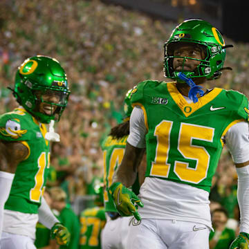 Oregon wide receiver Tez Johnson celebrates a touchdown as the Oregon Ducks host the Boise State Broncos Saturday, Sept. 7, 2024 at Autzen Stadium in Eugene, Ore.