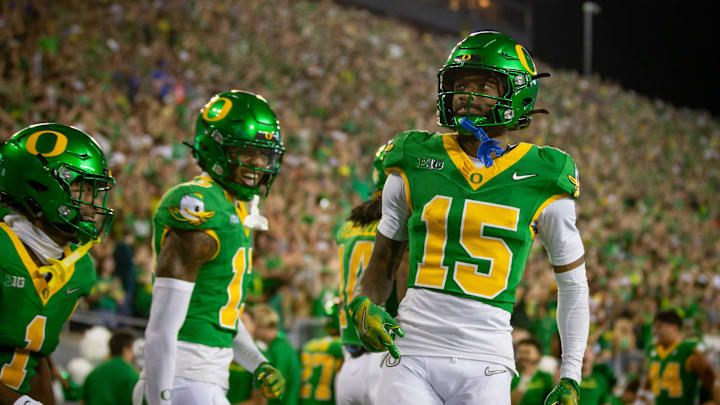 Oregon wide receiver Tez Johnson celebrates a touchdown as the Oregon Ducks host the Boise State Broncos Saturday, Sept. 7, 2024 at Autzen Stadium in Eugene, Ore.