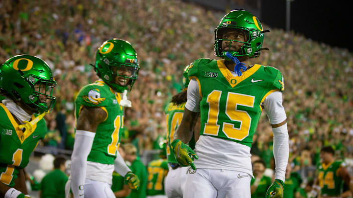 Oregon wide receiver Tez Johnson celebrates a touchdown as the Oregon Ducks host the Boise State Broncos Saturday, Sept. 7, 2024 at Autzen Stadium in Eugene, Ore.