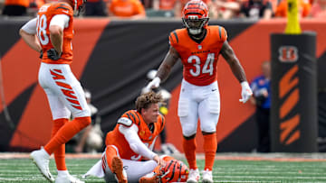 Cincinnati Bengals quarterback Joe Burrow (9) is injured on a play in the second quarter of the NFL Week 2 game between the Cincinnati Bengals and the Jacksonville Jaguars at Paycor Stadium in downtown Cincinnati on Sunday, Sept. 14, 2025. The Jaguars led 17-10 at halftime.