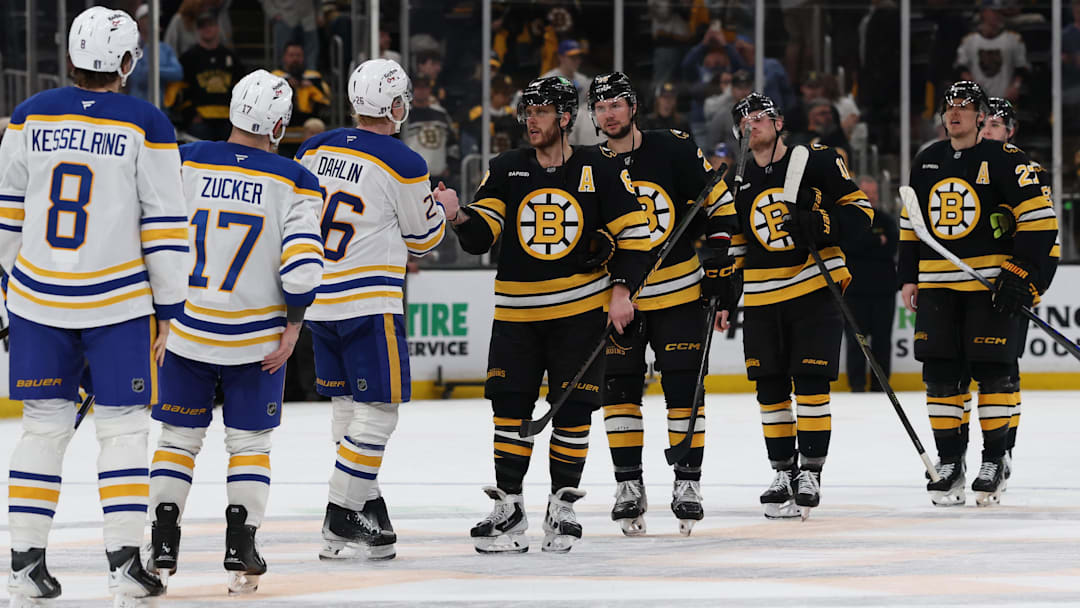 Boston Bruins winger David Pastrnak in the handshake line after losing to the Buffalo Sabres in the 2026 NHL Playoffs