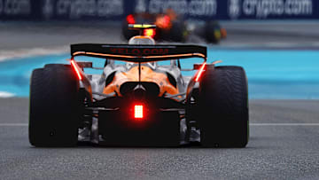 May 3, 2025; Miami Gardens, FL, USA; McLaren driver Lando Norris (4) during the F1 Miami Grand Prix Sprint Race at Miami International Autodrome. Mandatory Credit: Peter Casey-Imagn Images