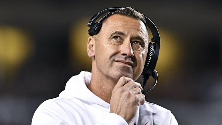 Nov 30, 2024; College Station, Texas, USA; Texas Longhorns head coach Steve Sarkisian reacts during the second quarter against the Texas A&M Aggies. The Longhorns defeated the Aggies 17-7 at Kyle Field. Mandatory Credit: Maria Lysaker-Imagn Images  