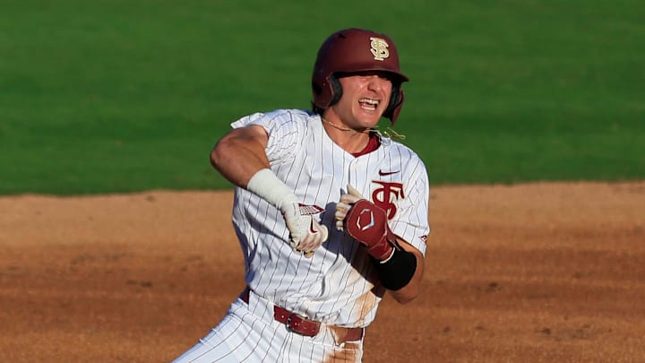 Florida St. infielder Alex Lodise (1) reacts to his double at second base during the first inning of an NCAA college baseball matchup Tuesday, March 25, 2025 at VyStar Ballpark in Jacksonville, Fla. FSU rallied to defeat UF 8-4 off a walk-off grand slam from Alex Lodise in the ninth inning. [Corey Perrine/Florida Times-Union]
