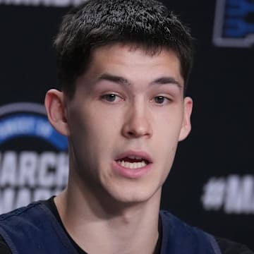 Mar 26, 2025; Newark, NJ, USA;  Brigham Young Cougars guard Egor Demin (3) talks to the media at the Prudential Center. Mandatory Credit: Robert Deutsch-Imagn Images