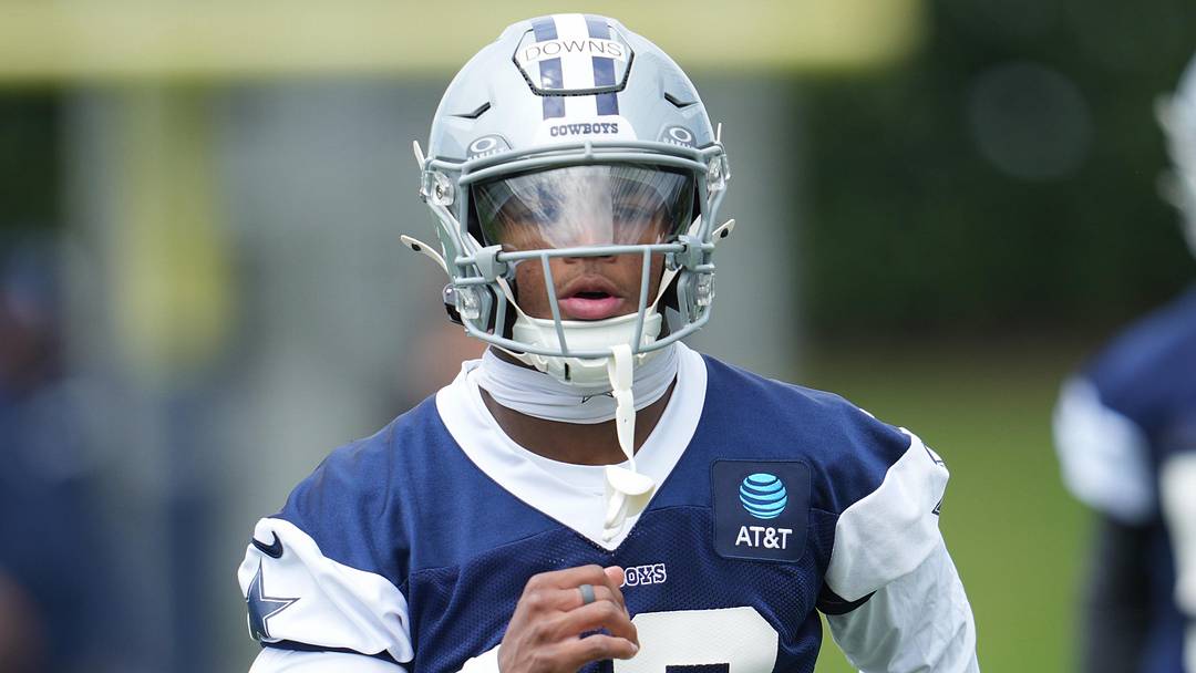 May 1, 2026; Frisco, TX, USA; Dallas Cowboys cornerback Caleb Downs (18) on the field during practice at the Ford Center at the Star Training Facility in Frisco, Texas.  Mandatory Credit: Chris Jones-Imagn Images