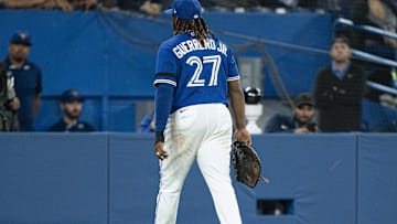 Jun 13, 2022; Toronto, Ontario, CAN; Toronto Blue Jays first baseman Vladimir Guerrero Jr. (27)