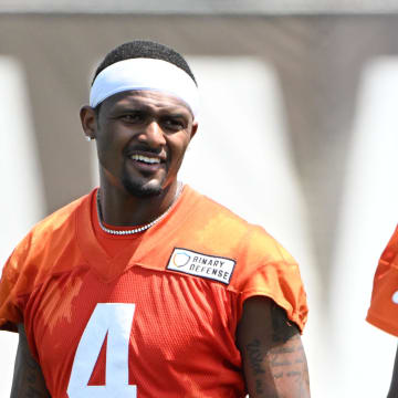 Aug 4, 2024; Cleveland Browns quarterback Deshaun Watson (4) talks with quarterback Jameis Winston (5) during practice at the Browns training facility in Berea, Ohio. Mandatory Credit: Bob Donnan-USA TODAY Sports