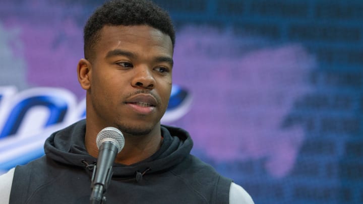 Feb 28, 2019; Indianapolis, IN, USA;  Alabama running back Damien Harris (RB06) speaks to media during the 2019 NFL Combine at Indianapolis Convention Center. Mandatory Credit: Trevor Ruszkowski-USA TODAY Sports