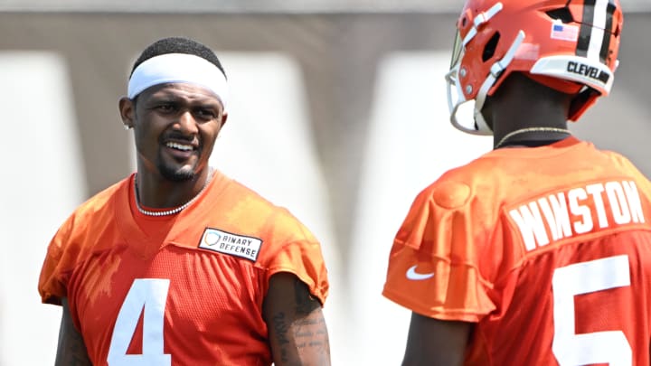 Aug 4, 2024; Cleveland Browns quarterback Deshaun Watson (4) talks with quarterback Jameis Winston (5) during practice at the Browns training facility in Berea, Ohio. Mandatory Credit: Bob Donnan-USA TODAY Sports