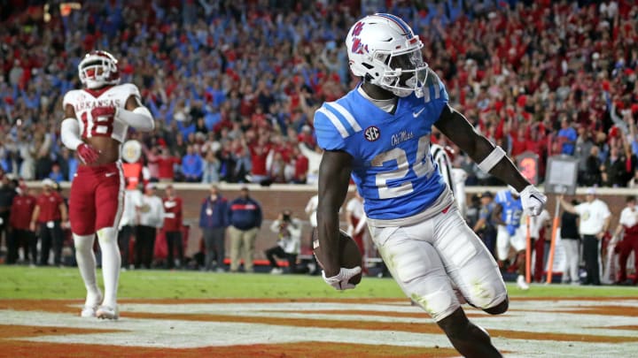 Oct 7, 2023; Oxford, Mississippi, USA; Mississippi Rebels running back Ulysses Bentley IV (24) reacts after scoring a touchdown during the second half against the Arkansas Razorbacks at Vaught-Hemingway Stadium. Mandatory Credit: Petre Thomas-USA TODAY Sports