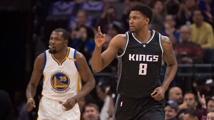 January 8, 2017; Sacramento, CA, USA; Sacramento Kings forward Rudy Gay (8) celebrates in front of Golden State Warriors forward Kevin Durant (35) during the first quarter at Golden 1 Center. The Warriors defeated the Kings 117-106. Mandatory Credit: Kyle Terada-Imagn Images
