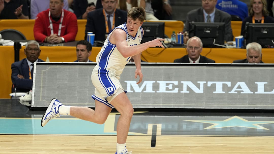 Apr 5, 2025; San Antonio, TX, USA; Duke Blue Devils guard Kon Knueppel (7) reacts after a play against the Houston Cougars during the first half in the semifinals of the men's Final Four.