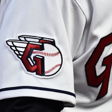 Apr 15, 2022; Cleveland, Ohio, USA; A detail of the uniform of Cleveland Guardians left fielder Steven Kwan during the game between the Cleveland Guardians and the San Francisco Giants at Progressive Field. Mandatory Credit: Ken Blaze-Imagn Images