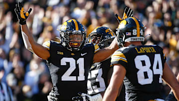 Iowa senior running back Ivory Kelly-Martin celebrates after scoring a touchdown in the second quarter against Purdue on Saturday, Oct. 16, 2021, at Kinnick Stadium in Iowa City.

20211016 Iowafootballvspurdue